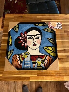 bp Blue Folk Portrait Canvas with Red and Yellow Accents Needle Point